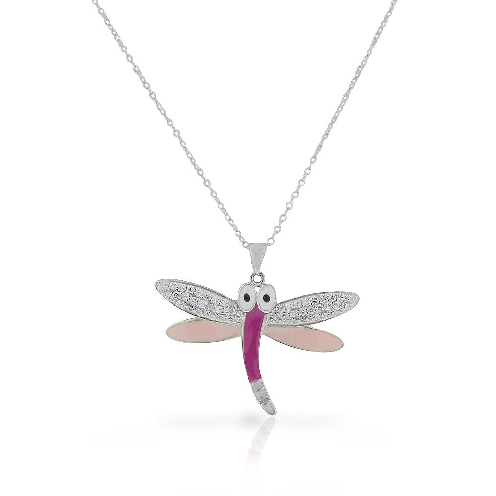 925 Sterling Silver Pink Enamel White Clear CZ Dragonfly Pendant Necklace