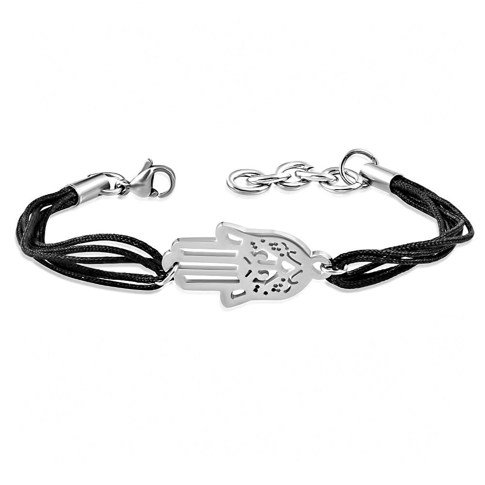 Stainless Steel Silver Black Cord Hamsa Hand Good Luck Bracelet