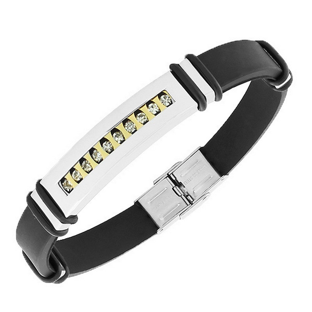 Stainless Steel Black Rubber Silicone Two-Tone White CZ Mens Bracelet