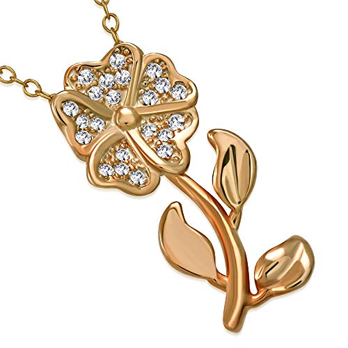 Sterling Silver Yellow Gold-Tone CZ Flower Floral Pendant Necklace