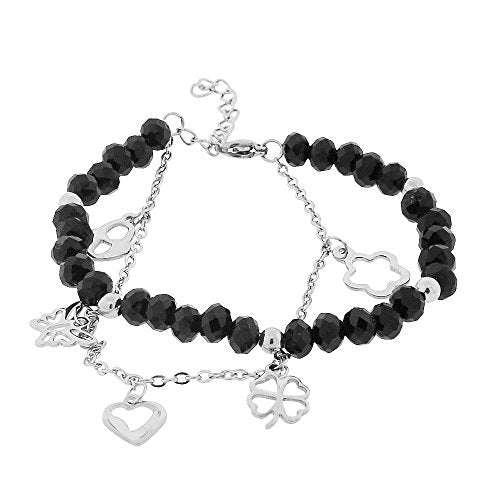 Stainless Steel Red Silver-Tone Flower Heart Charms Link Chain Bracelet