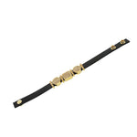 Fashion Alloy Black Leather Yellow Gold-Tone White CZ Wristband Adjustable Bracelet