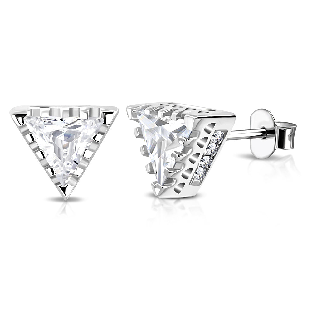 925 Sterling Silver White Clear CZ Triangle Stud Earrings, 0.25"