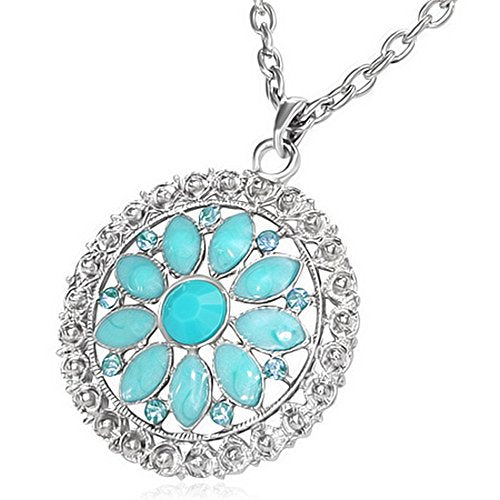 Fashion Alloy Vintage Turquoise-Tone Beads Flower Silver-Tone Chain Necklace