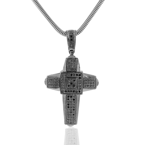 925 Sterling Silver Black Rhodium CZ Large Hip-Hop Statement Cross Pendant Necklace, 30"