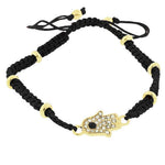 Fashion Alloy Yellow Gold-Tone Black Cord White CZ Hamsa Adjustable Bracelet
