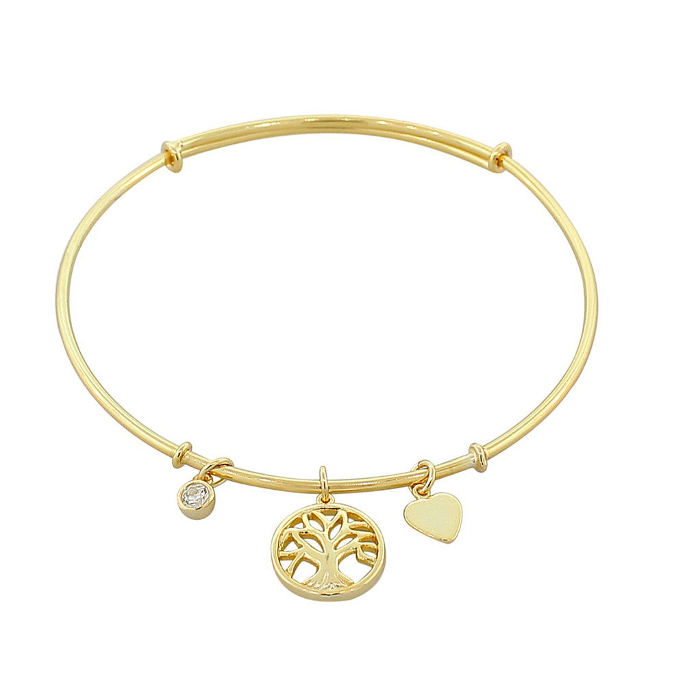925 Sterling Silver Yellow Gold-Tone Tree of Life Love Heart Bangle Bracelet