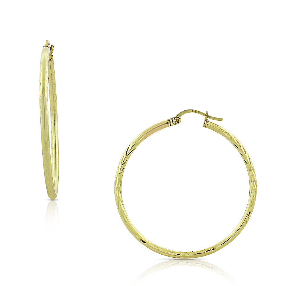 Sterling Silver Yellow Gold-Tone Floral Design Round Hoop Earrings, 1.35"