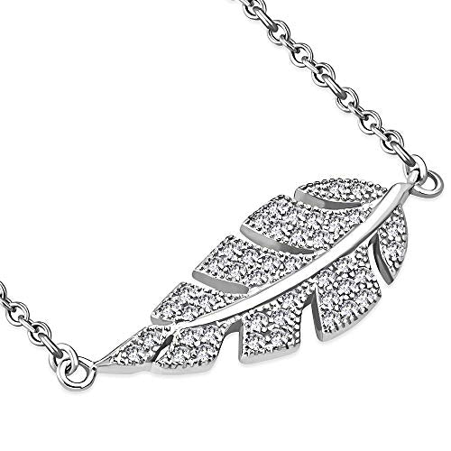 925 Sterling Silver Yellow Gold-Tone CZ Sideways Feather Leaf Pendant Necklace