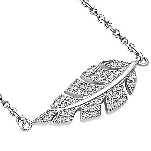 Sterling Silver Yellow Gold-Tone CZ Sideways Feather Leaf Pendant Necklace