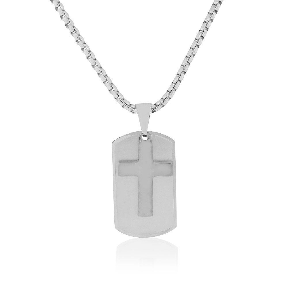 Stainless Steel Silver-Tone Dog Tag Mens Cross Religious Pendant Necklace