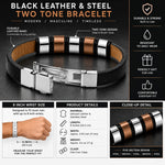 Men's Black Leather Bracelet Stainless Steel Two Tone Brown & Silver 5 Section Design, 8 Inch Men's Fashion Bracelet