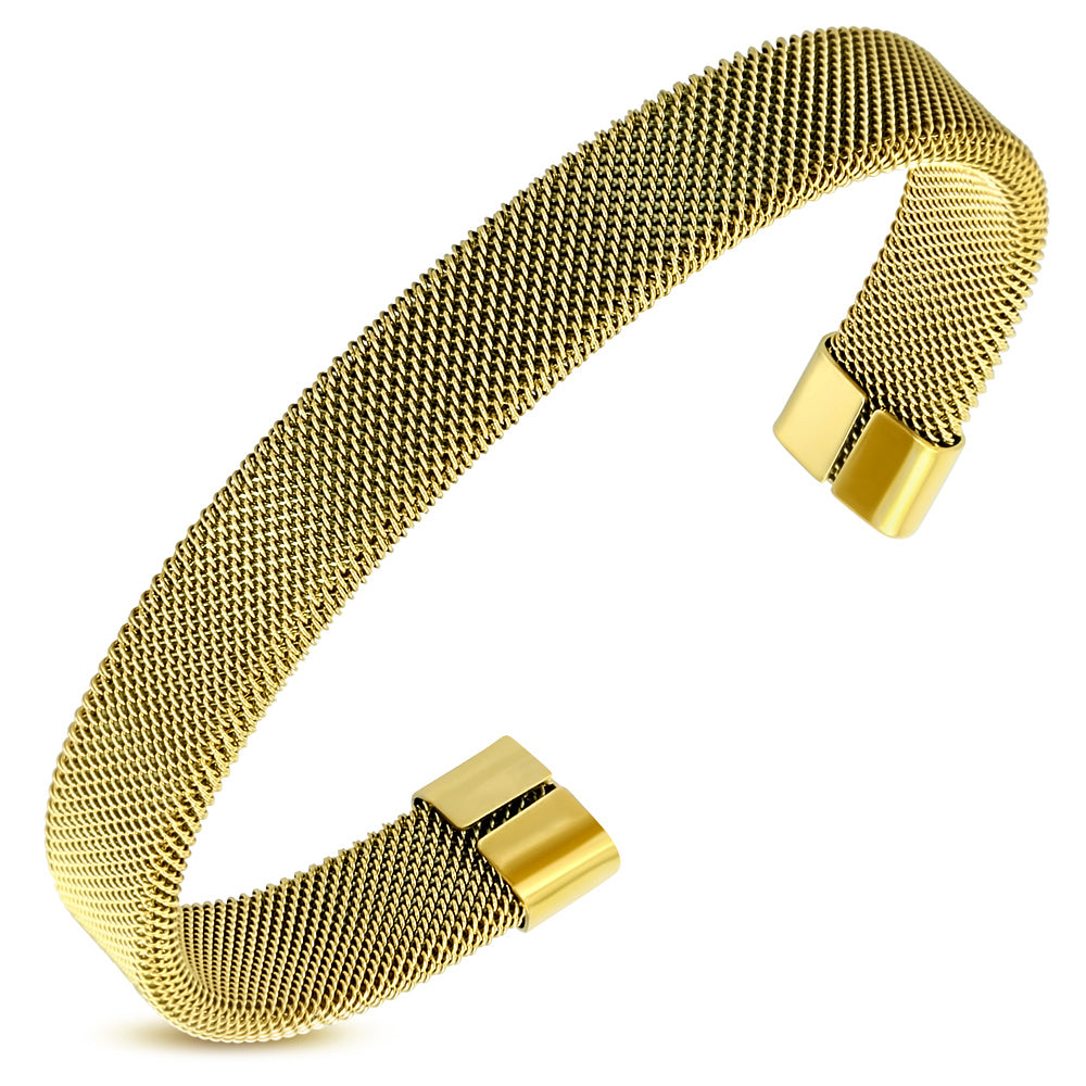 Stainless Steel Yellow Gold-Tone Mesh Open End Bangle Bracelet