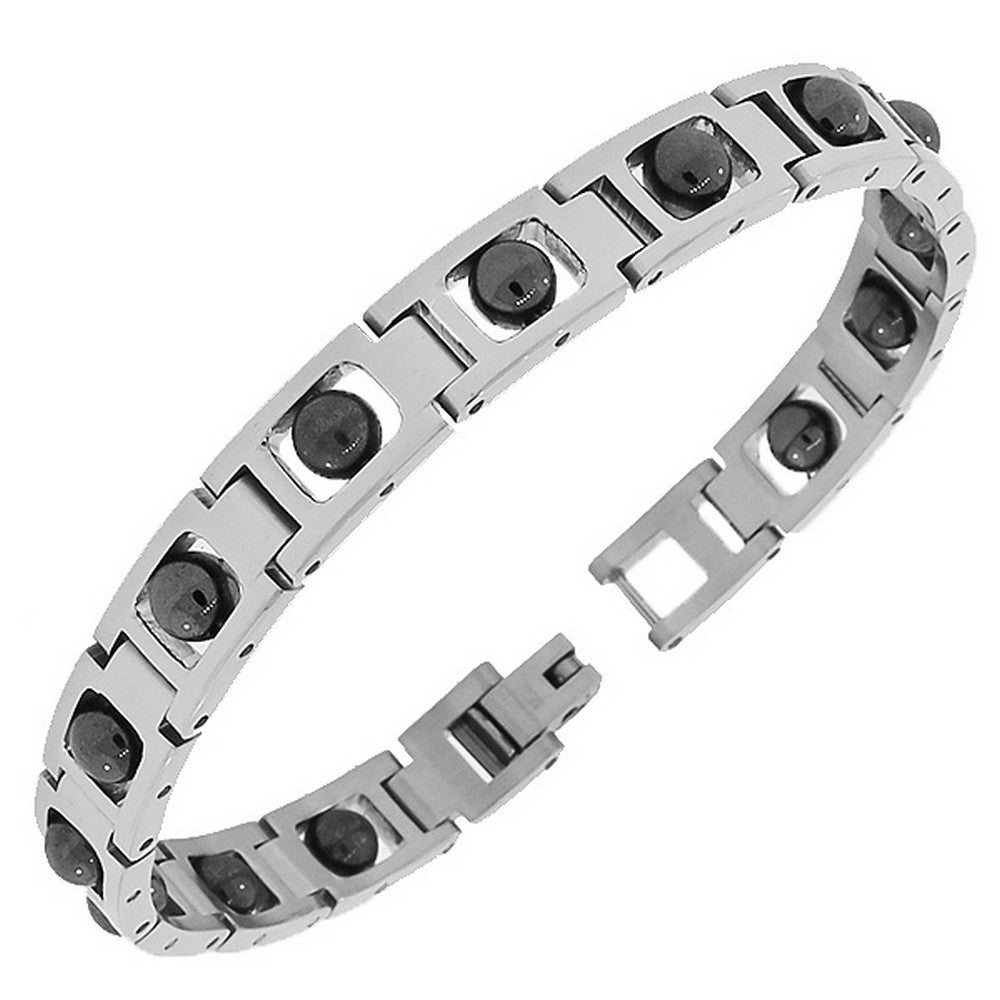Stainless Steel Silver Black Two-Tone Beaded Link Chain Mens Bracelet