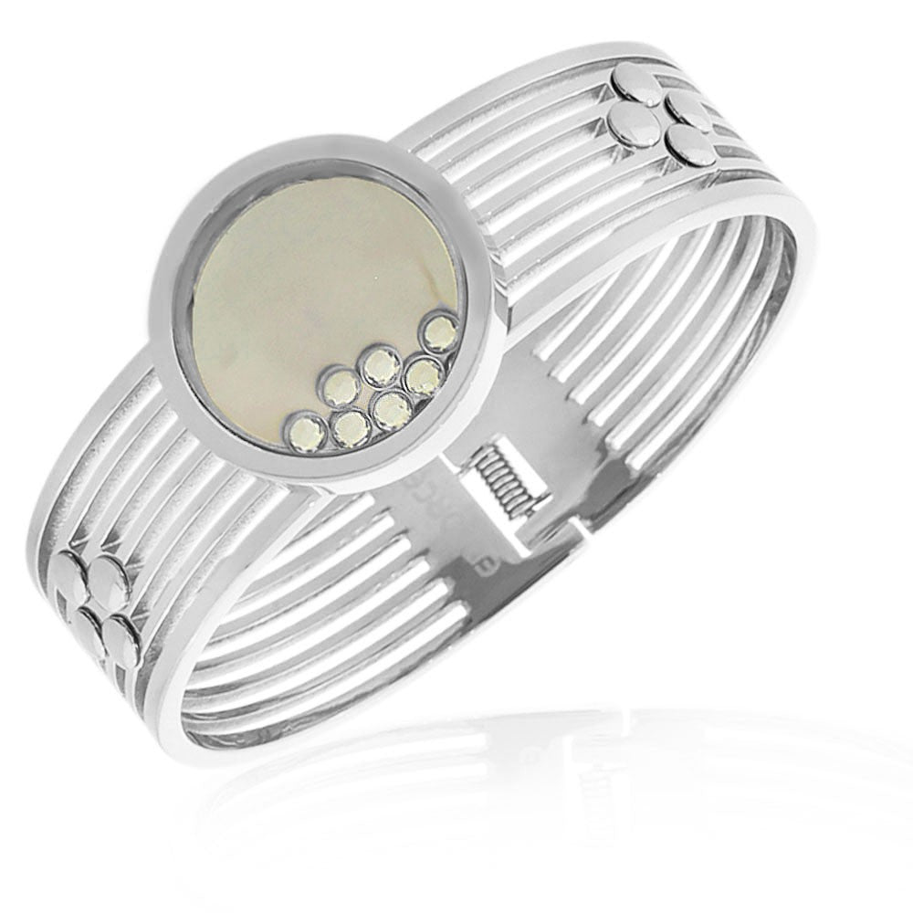 Stainless Steel Silver Simulated Mother-of-Pearl Floating CZ Bangle Bracelet