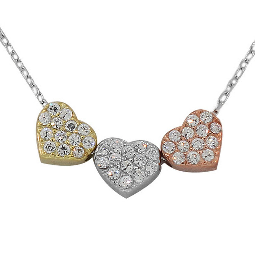 Sterling Silver Gold Triple Love Heart Charm CZ Pendant Necklace