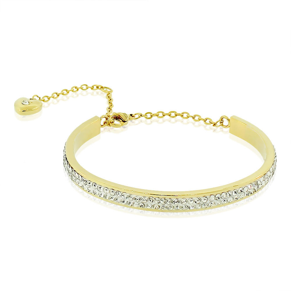 Stainless Steel Yellow Gold-Tone CZ Love Heart Adjustable Bangle Bracelet