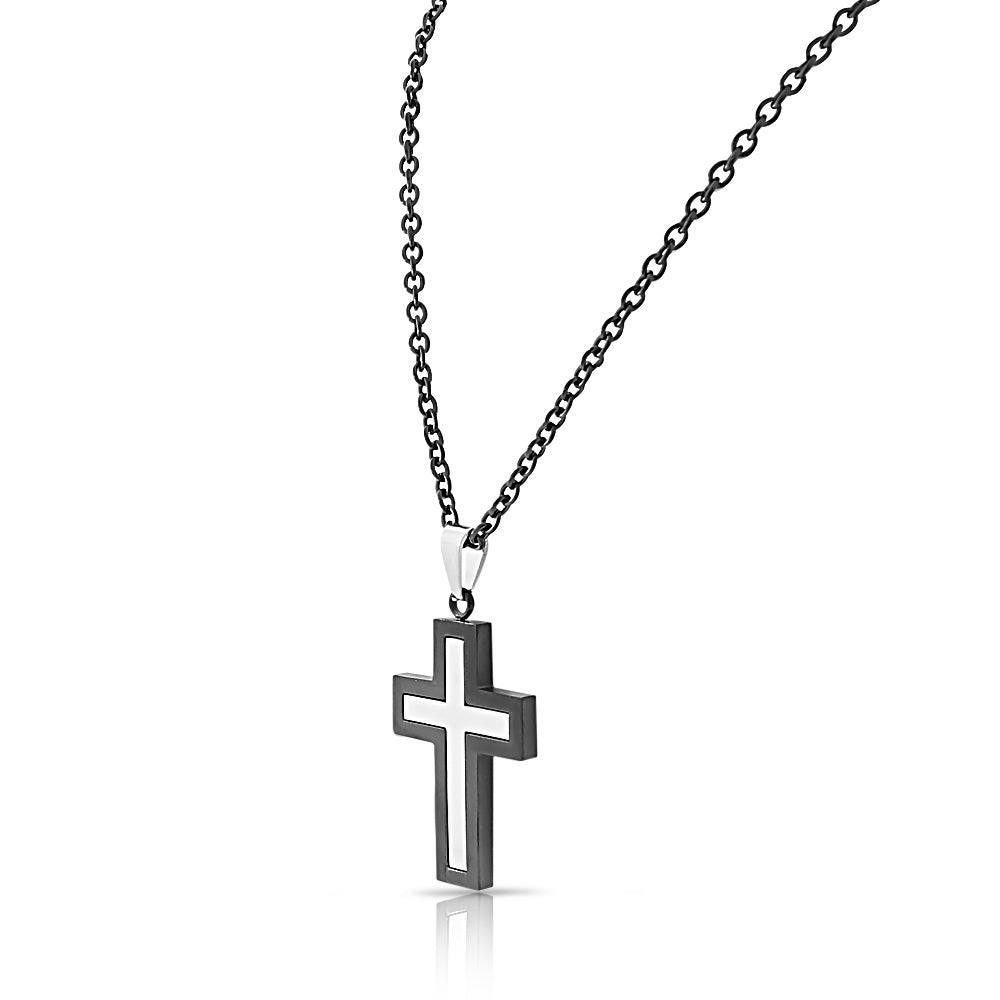 Stainless Steel Two-Tone Silver Black Religious Cross Men's Pendant Necklace