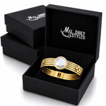 Women's Stainless Steel Mother of Pearl CZ Bangle Bracelet