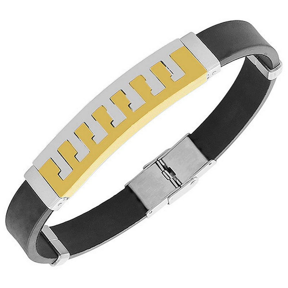 Stainless Steel Black Rubber Silicone Silver Yellow Gold-Tone Mens Bracelet