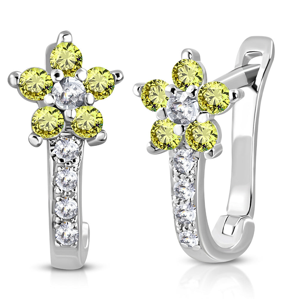 925 Sterling Silver Yellow CZ Small Girls Hoop Huggie Flower Floral Earrings, 0.5"