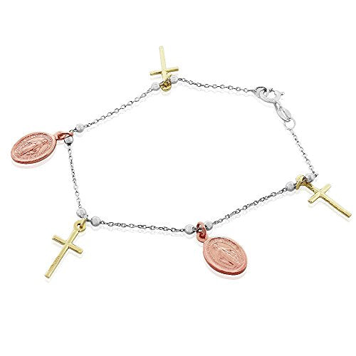 925 Sterling Silver Rose Yellow Gold-Tone Religious Cross Virgin Mary Christian Chain Bracelet