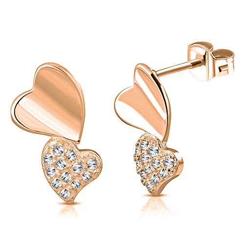 Sterling Silver Rose Gold-Tone Clear CZ Dangle Stud Love Heart Earrings, 0.45"