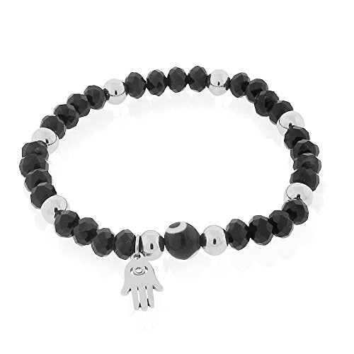 Stainless Steel Blue Silver-Tone Hamsa Evil Eye Protection Stretch Bracelet