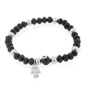 Stainless Steel Blue Silver-Tone Hamsa Evil Eye Protection Stretch Bracelet