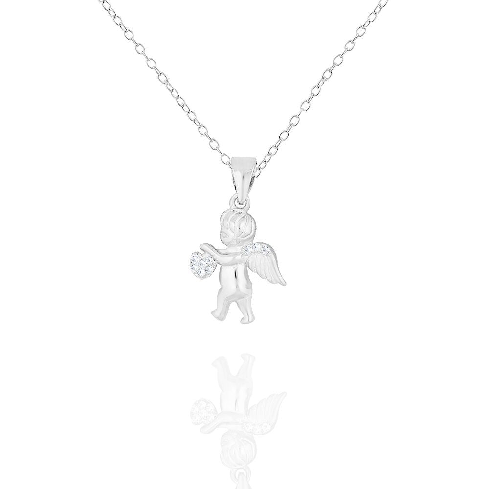 Sterling Silver White Clear CZ Love Heart Cupid Angel Pendant Necklace