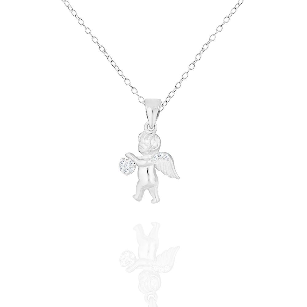 925 Sterling Silver White Clear CZ Love Heart Cupid Angel Pendant Necklace