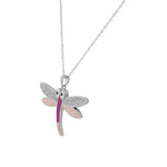 925 Sterling Silver Pink Enamel White Clear CZ Dragonfly Pendant Necklace