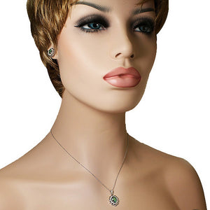 925 Sterling Silver Green-Tone White CZ Oval Charm Pendant Necklace Stud Earrings Set