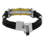 Stainless Steel Black Leather White CZ Two-Tone Wristband Men's Bracelet