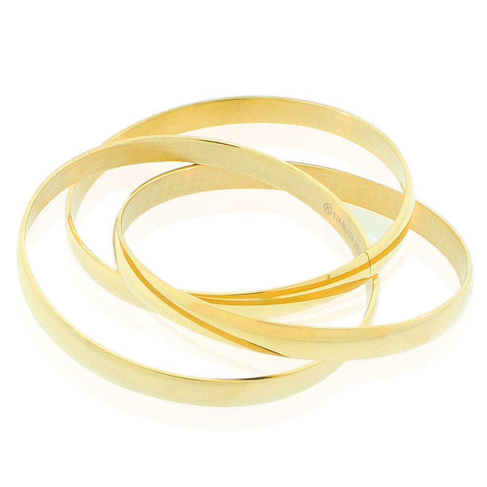 Stainless Steel Yellow Gold-Tone Wide Interlocked Triple Three Bangle Bracelets Set, 8.5"