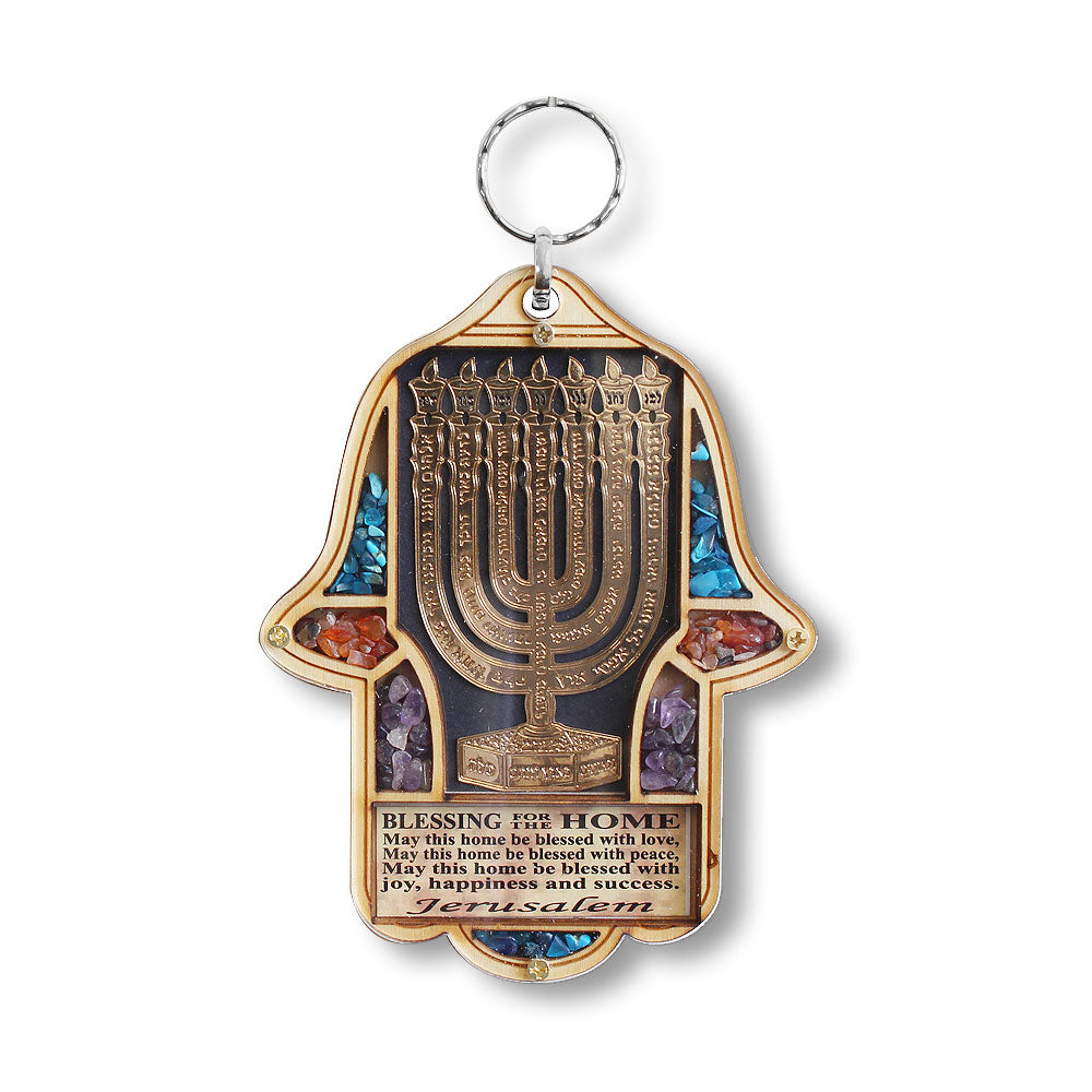 Jewish Wooden Hamsa Menorah Blessing for Home - Good Luck Wall Decor with Simulated Gemstones
