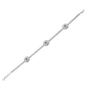 925 Sterling Silver White Blue Bezel-Set CZ Hamsa Evil Eye Womens Tennis Bracelet