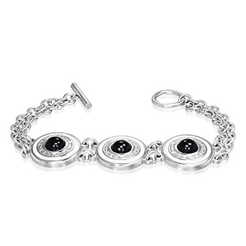 Stainless Steel Two-Tone Engraved Circle Link Toggle Clasp Womens Bracelet