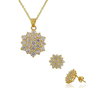 925 Sterling Silver Rose Gold-Tone White CZ Pendant Necklace Stud Earrings Set