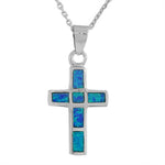 925 Sterling Silver Religious Cross Blue Turquoise-Tone Opal Pendant Necklace