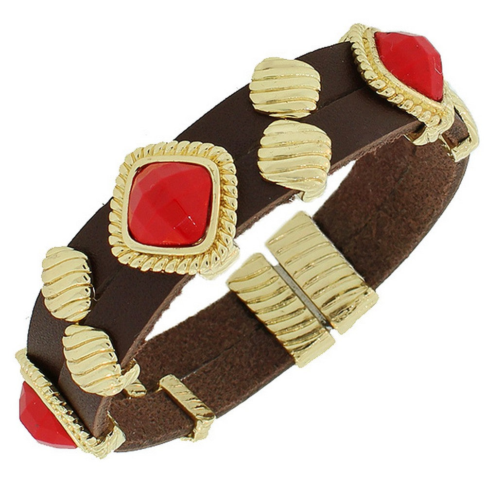 Fashion Alloy Brown Faux PU Leather Yellow Gold-Tone Red Wristband Bracelet