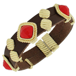 Fashion Alloy Brown Faux PU Leather Yellow Gold-Tone Red Wristband Bracelet