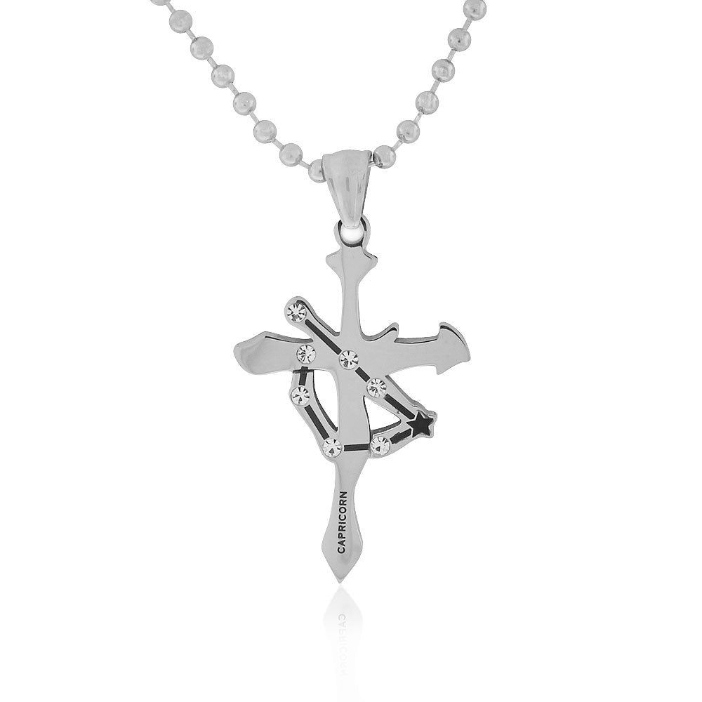 Stainless Steel Silver-Tone White CZ Zodiac Cross Pendant Necklace - Capricorn