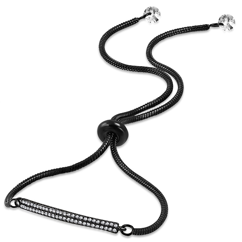 Stainless Steel Clear CZ Bar Adjustable Snake Chain Bracelet, 9"