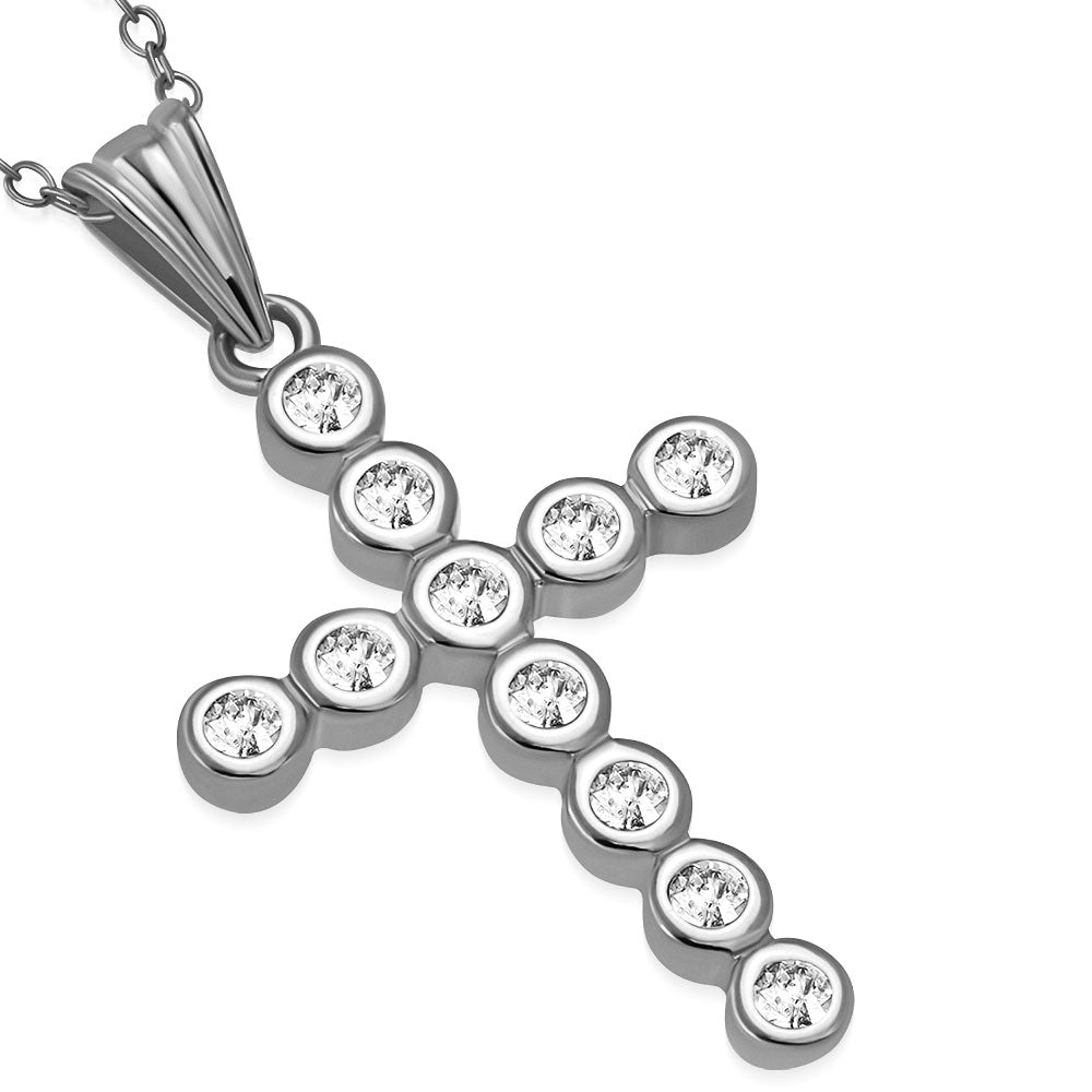 925 Sterling Silver White Clear Bezel-Set CZ Religious Cross Pendant Necklace, 18"