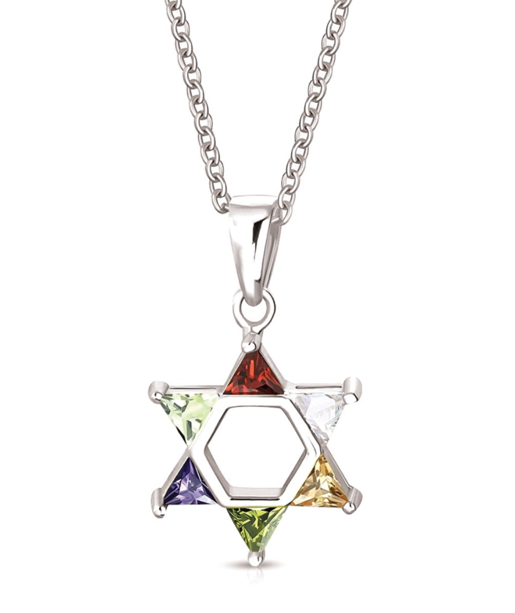 925 Sterling Silver Yellow Gold-Tone Jewish Star of David Multicolor CZ Pendant Necklace