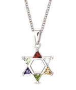 925 Sterling Silver Yellow Gold-Tone Jewish Star of David Multicolor CZ Pendant Necklace