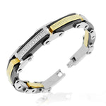 Stainless Steel Black Yellow Gold-Tone Silver-Tone CZ Greek Key Link Mens Bracelet