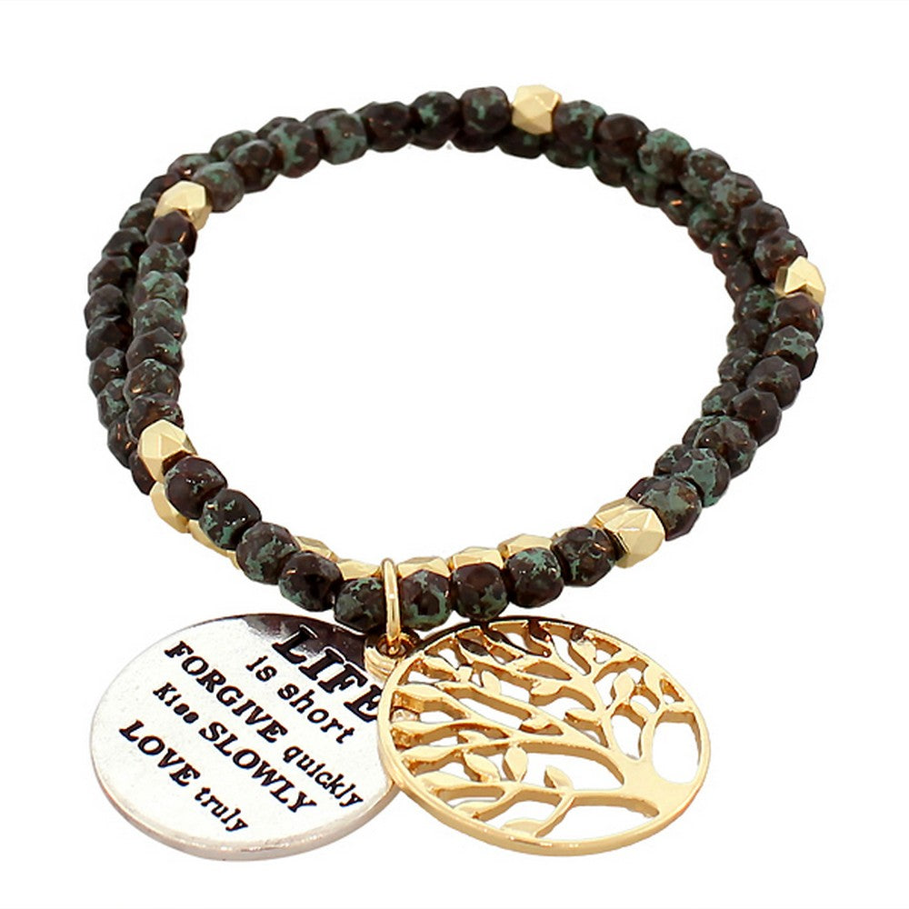 Fashion Alloy Green Gold-Tone Multicolor Tree of Life Quotation Stretch Beaded Bracelet