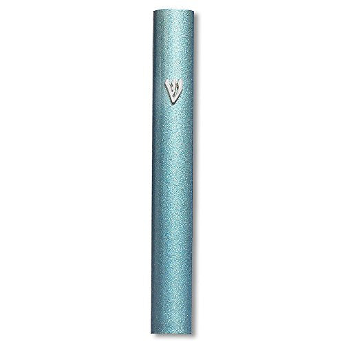 Blue Aluminum Mezuzah Case with Attached Shin in Hebrew,  5" - Made in Israel